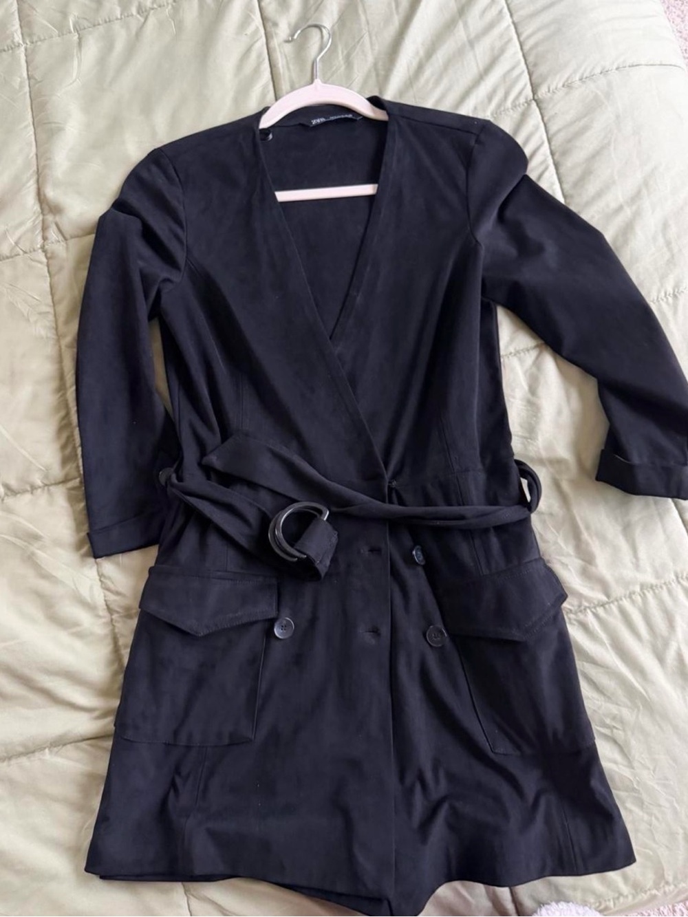 Black Wrap-Front Women’s Suede Jumpsuit with Belt
